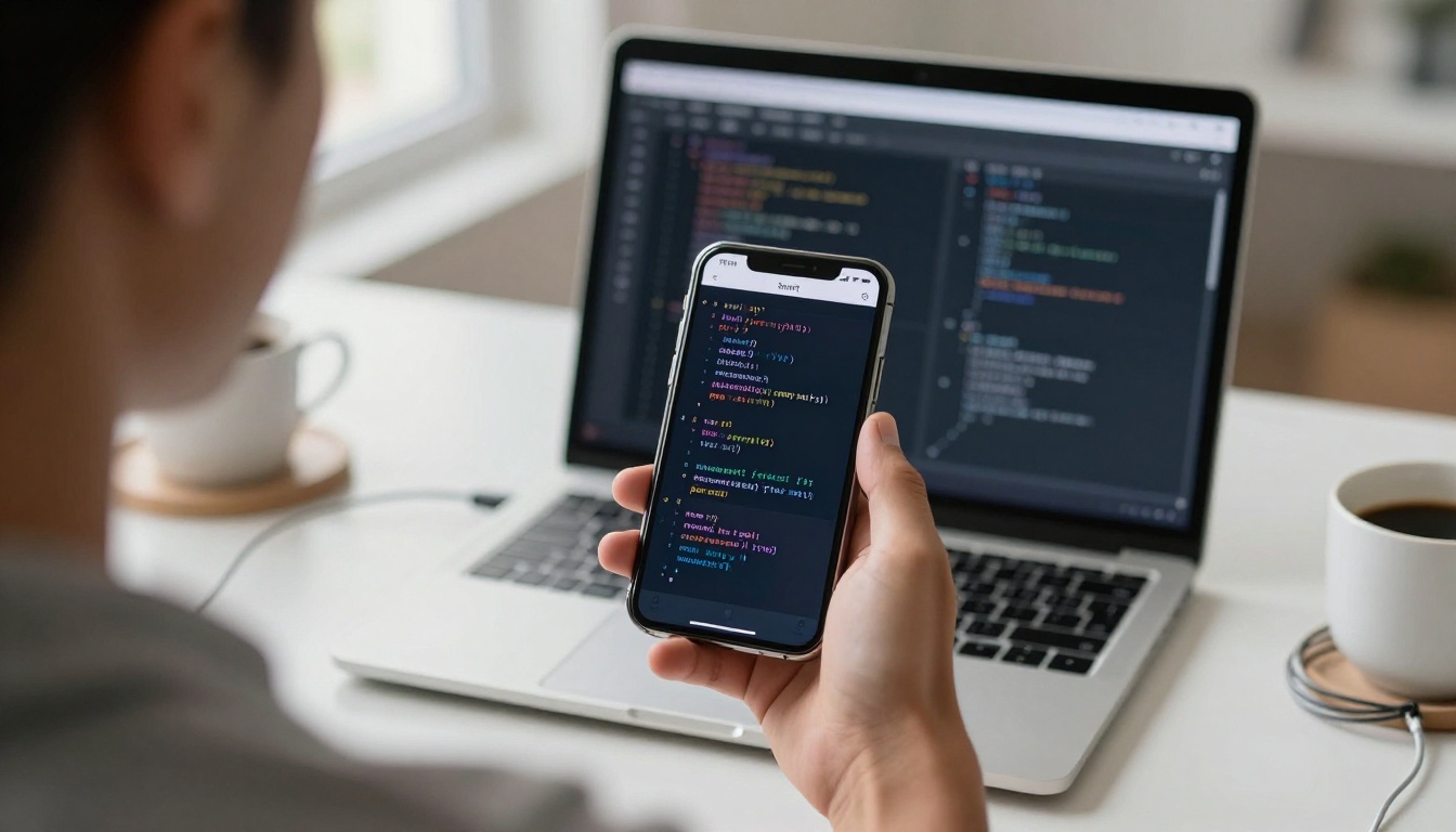 Over-the-shoulder view of developer reviewing Swift code on smartphone
