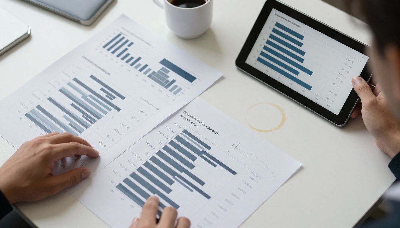 Benchmark charts and performance comparison data spread across an office desk Benchmark charts and performance comparison data spread across an office desk