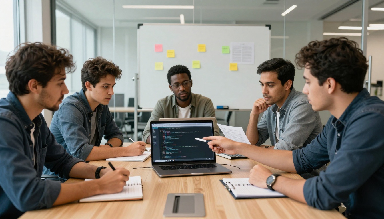Four diverse software developers gathered around a laptop in a bright modern office, collaborating on a code review