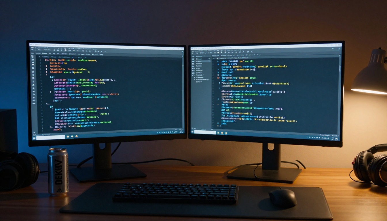 Dual-monitor developer workstation with API docs and terminal output Dual-monitor developer workstation with API docs and terminal output