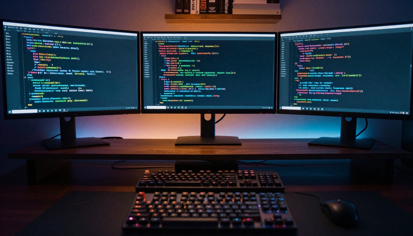 Low-angle dramatic view of a triple ultrawide monitor setup displaying JavaScript, Python, and Rust code in dark-themed editors