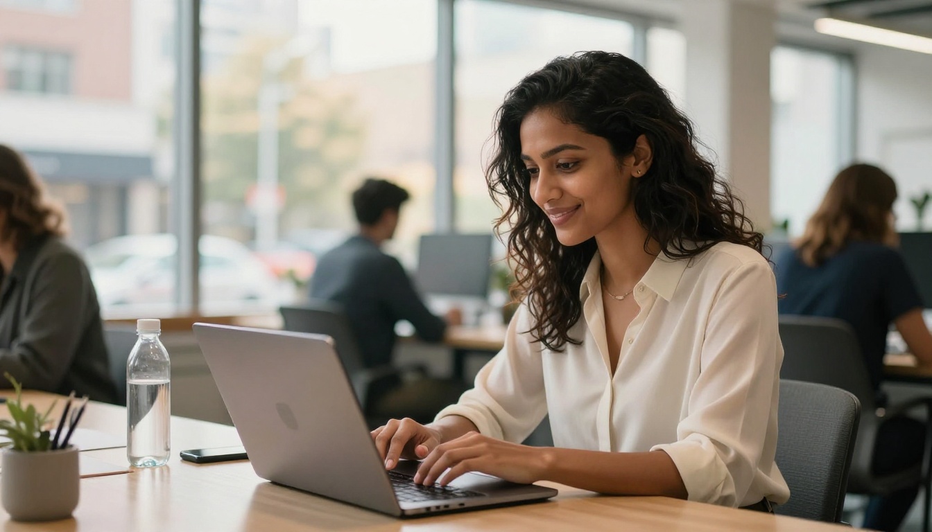 Young professional woman using a laptop at a bright modern co-working space Young professional woman using a laptop at a bright modern co-working space