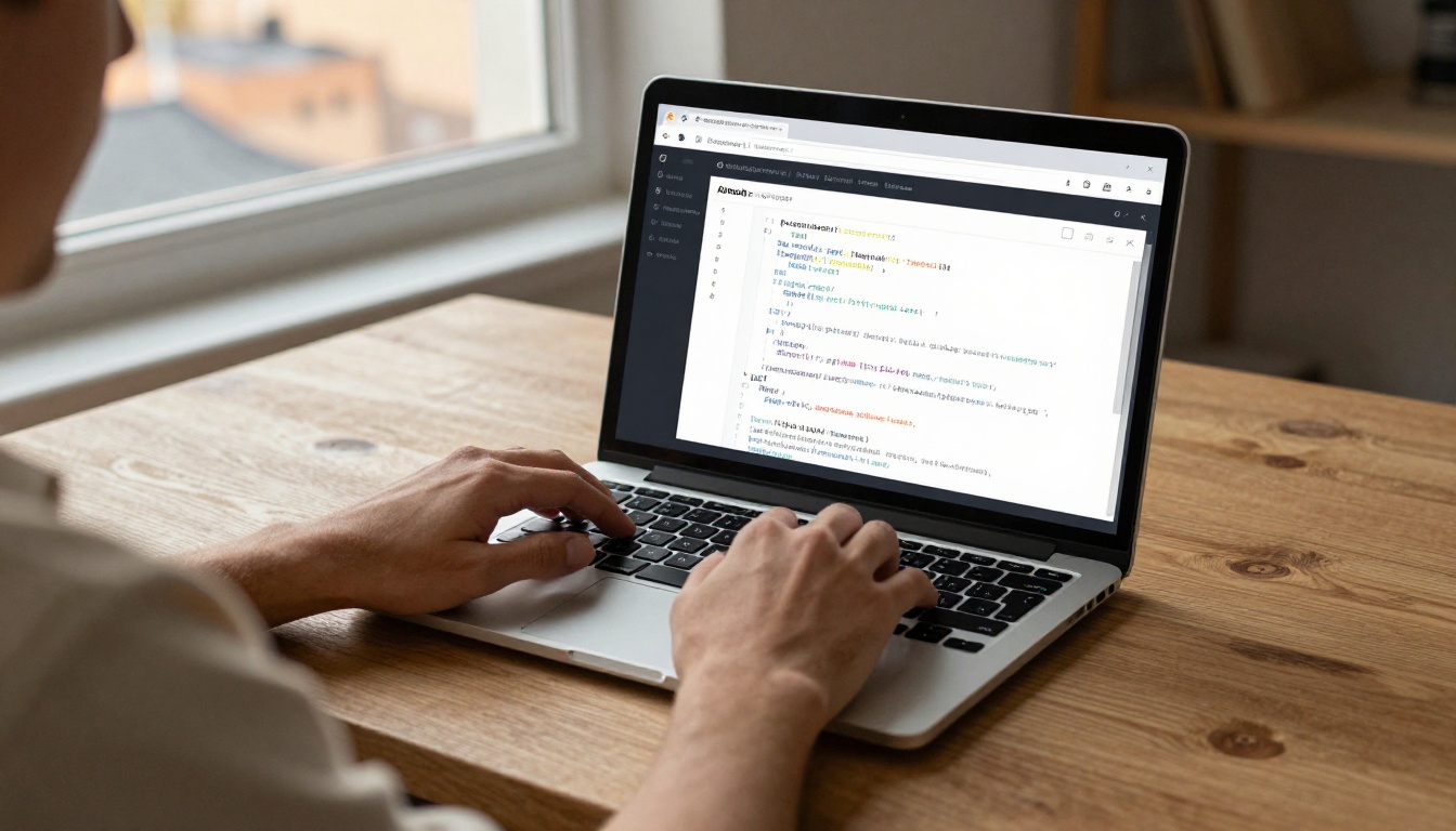 Over-the-shoulder candid shot of a developer's hands typing on a laptop with an AI chat interface showing a structured Python class response