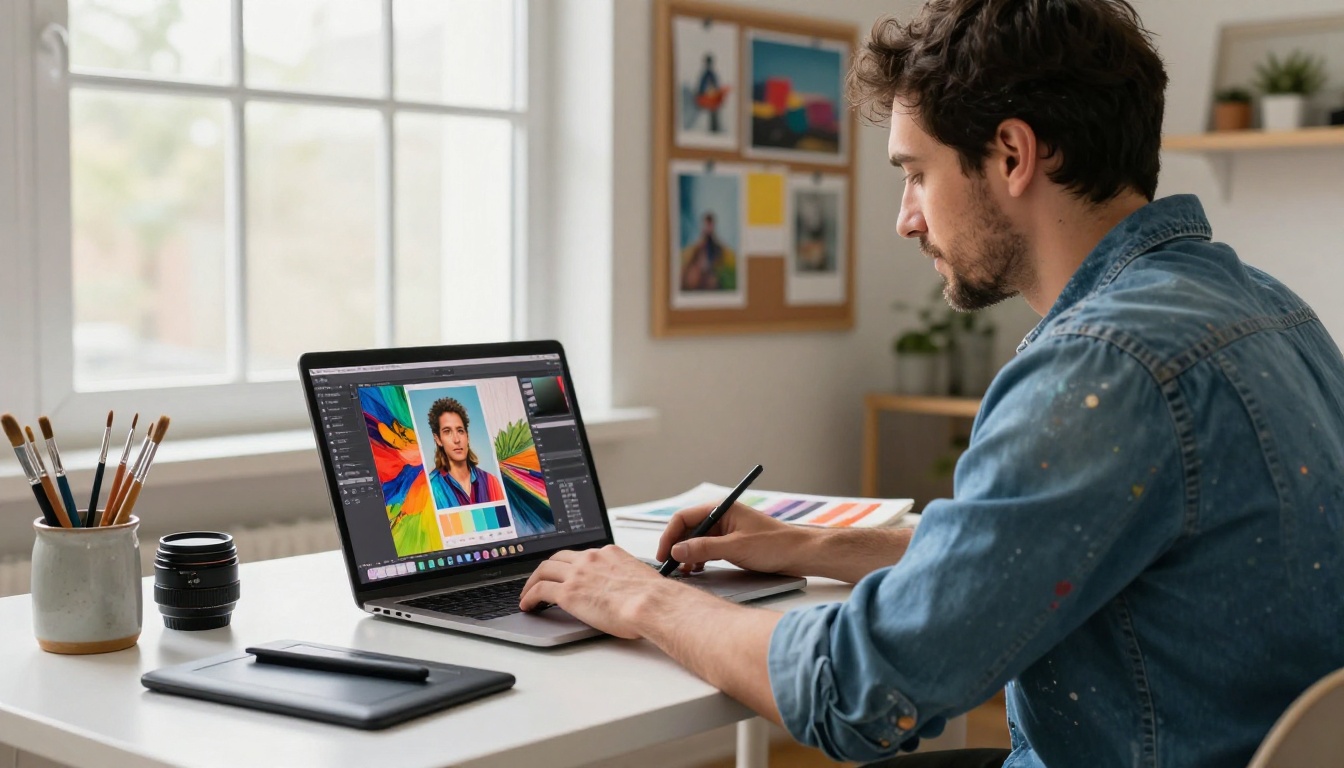 Creative professional using an AI image generation platform at a studio desk Creative professional using an AI image generation platform at a studio desk