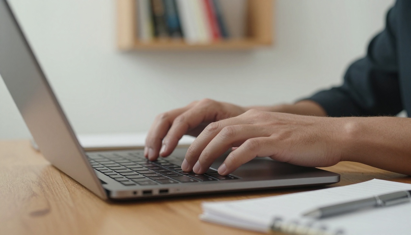 Typing hands on laptop keyboard in natural daylight