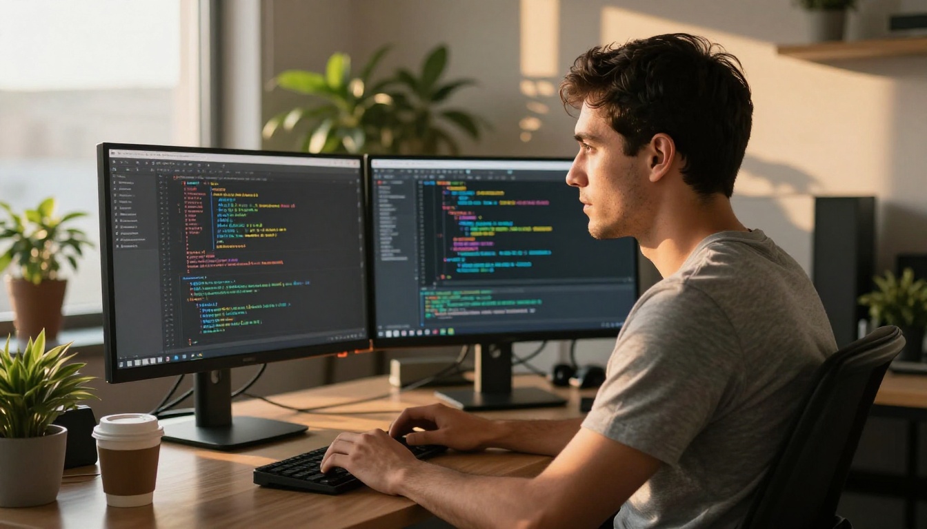 Software engineer at standing desk with dual monitors in golden hour light