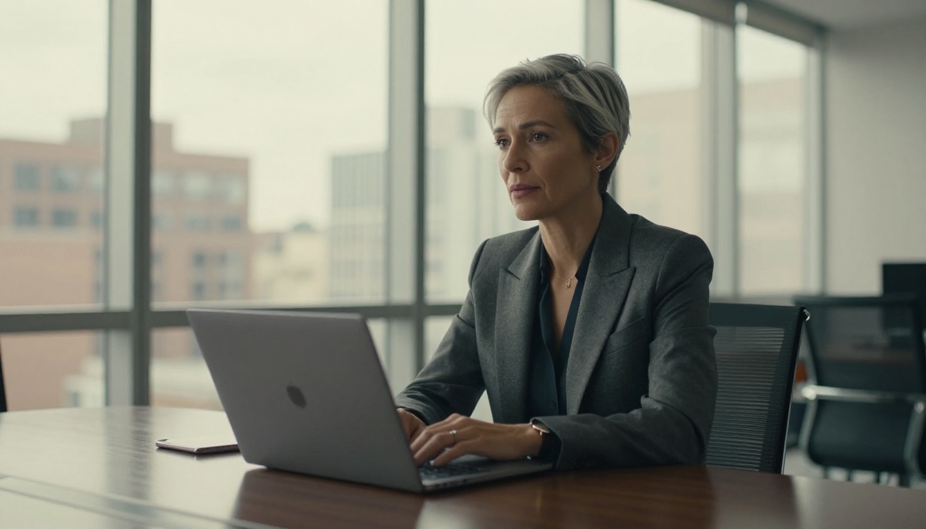 Professional woman reviewing documents at glass conference table with city skyline