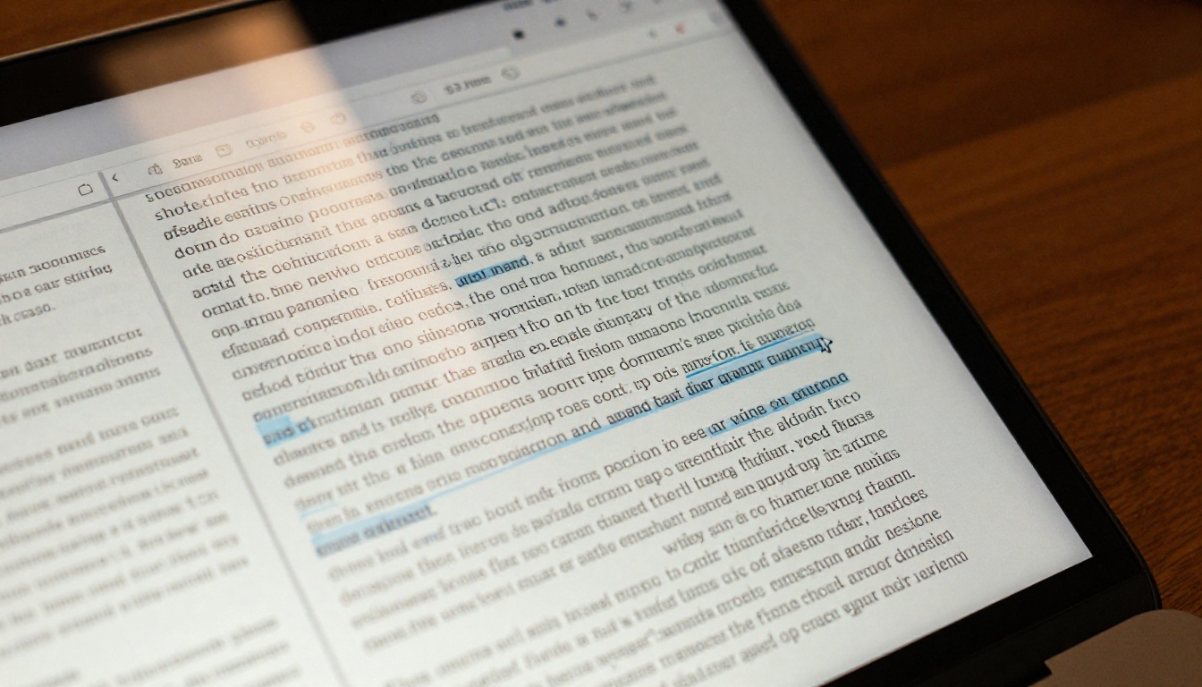 Close-up of laptop screen showing dense text document on dark walnut desk