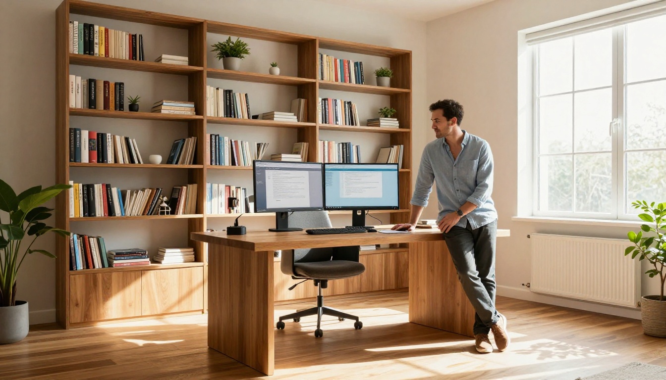 Developer standing at home office desk surrounded by full bookshelves in morning light