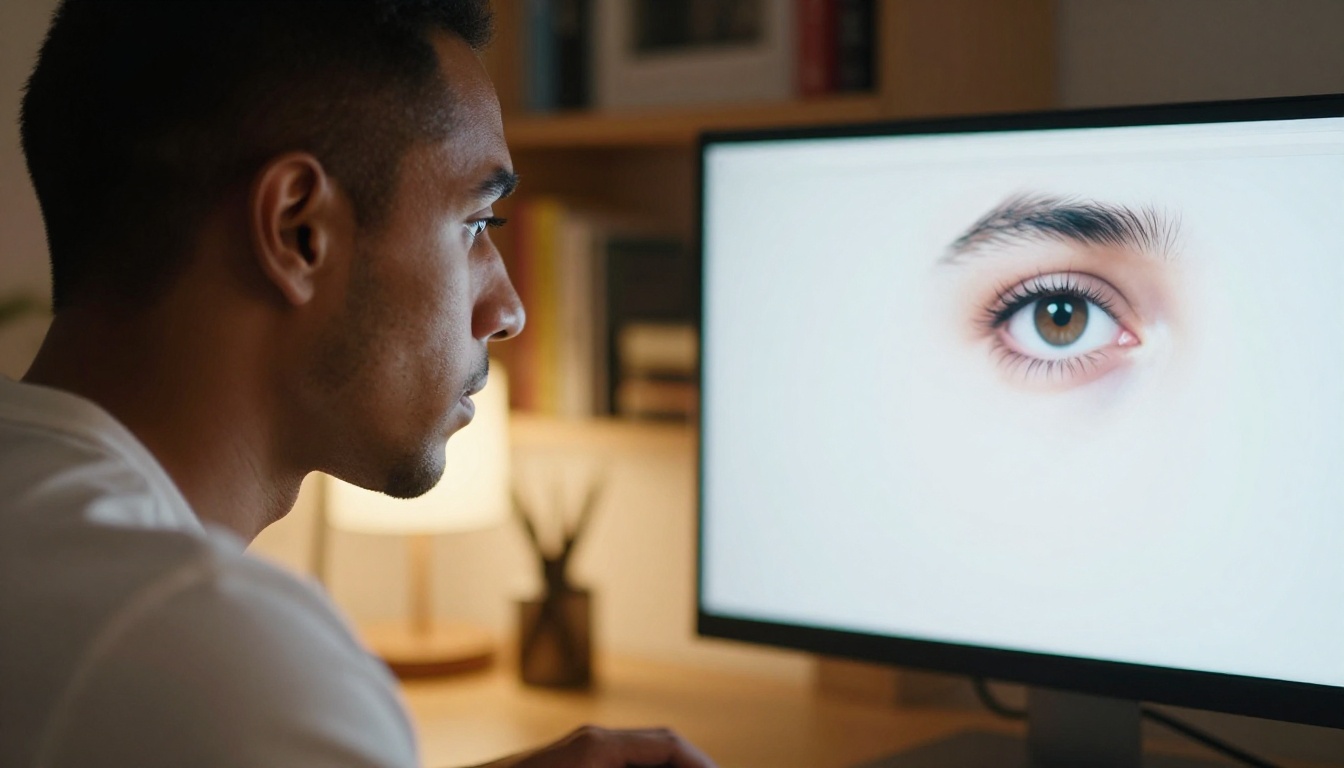 Professional man with rim lighting studying laptop screen in close-up profile