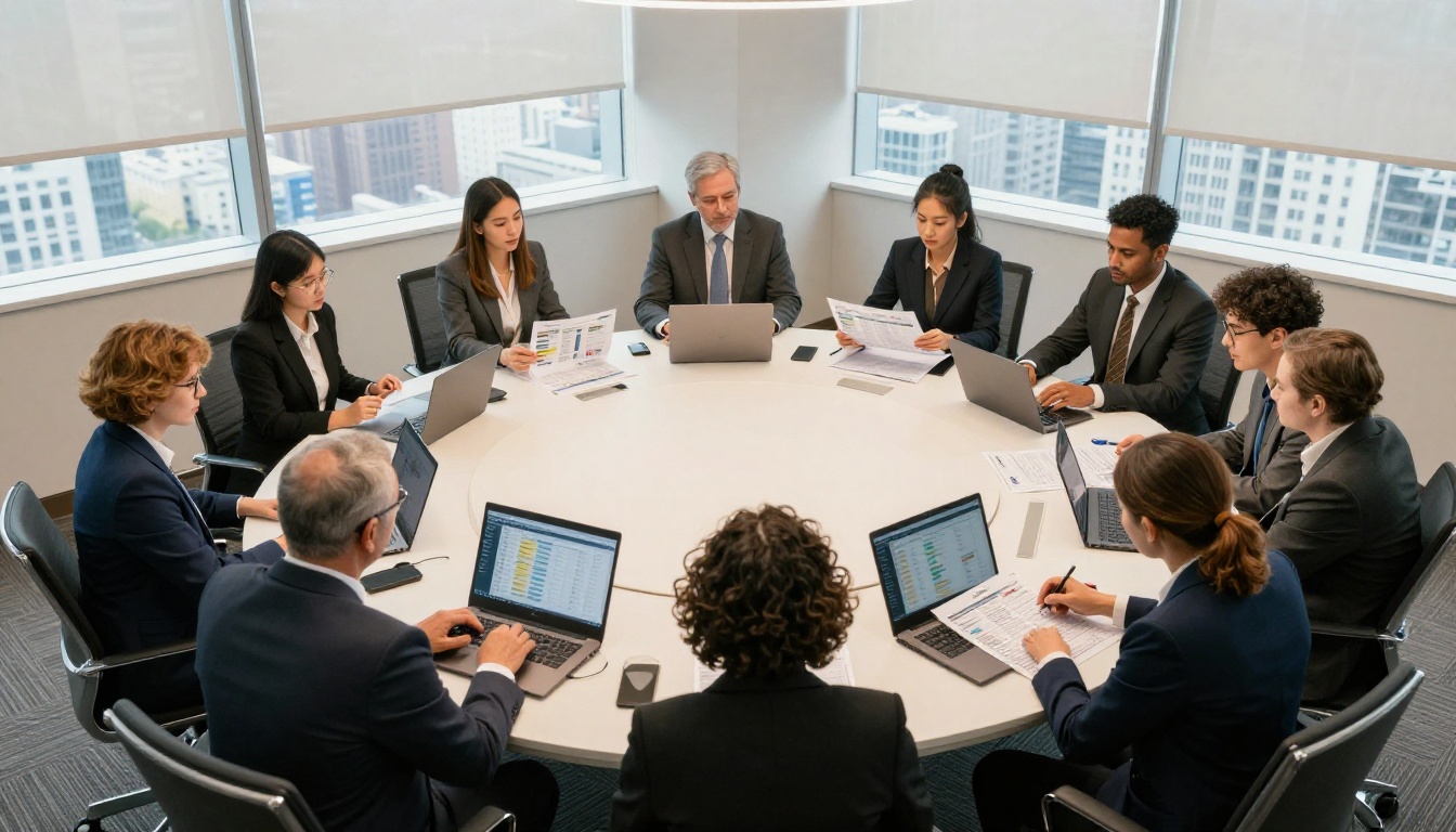 AI researchers reviewing LLM benchmarks at a conference table AI researchers reviewing LLM benchmarks at a conference table