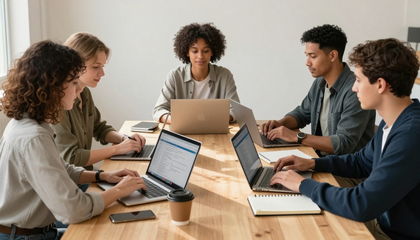 Three professionals collaborating with laptops in a bright co-working space