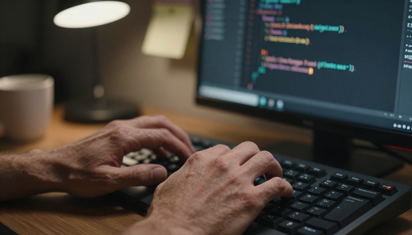 Developer hands on keyboard accessing API authentication code Developer hands on keyboard accessing API authentication code