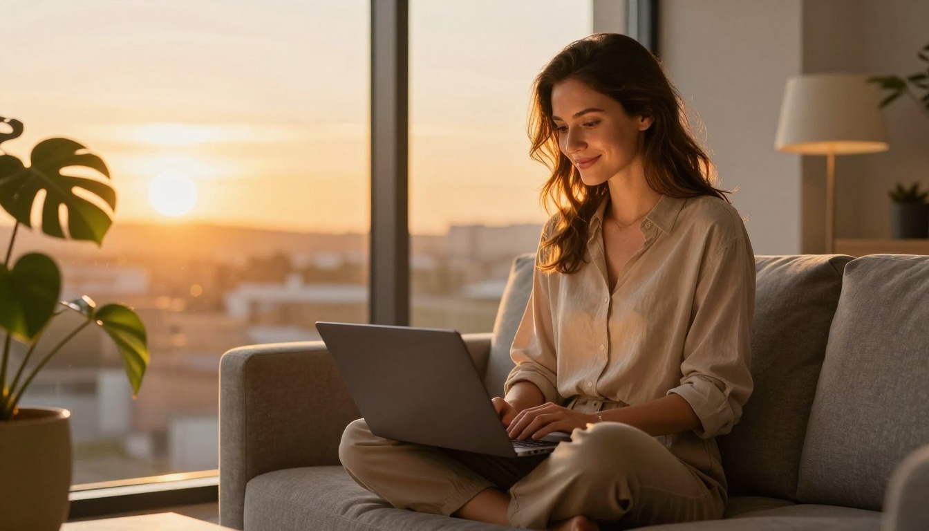 Professional woman sitting cross-legged on sofa with laptop at golden hour