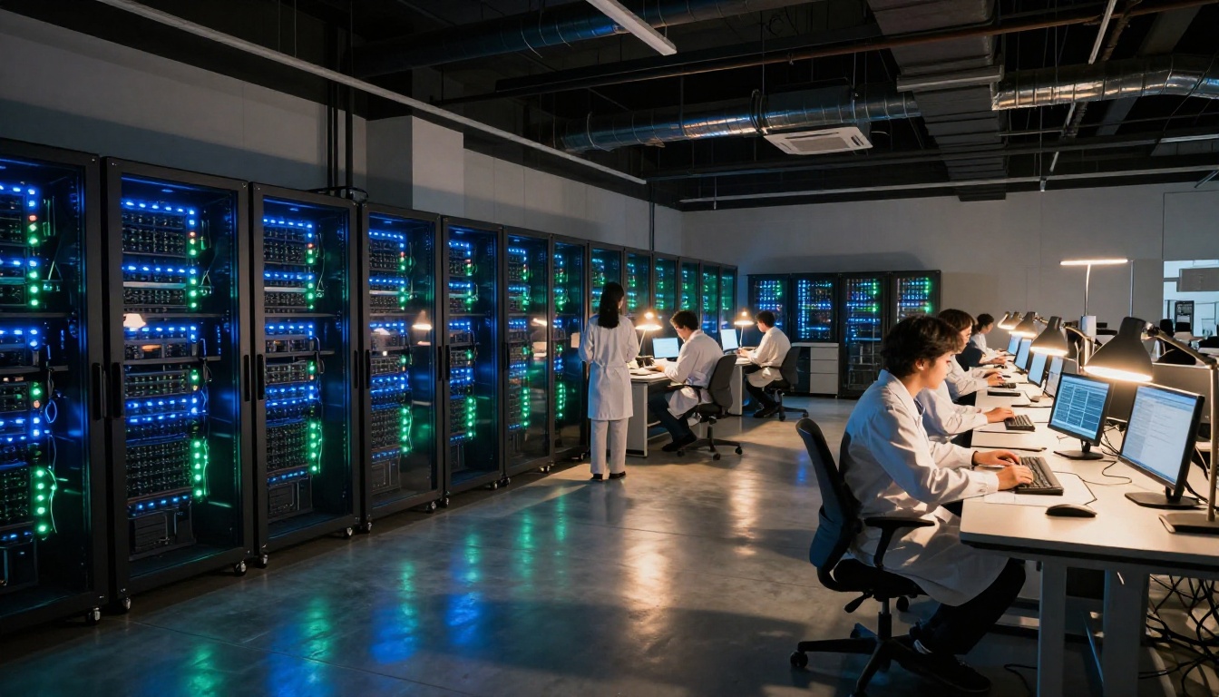 GPU server racks in AI research lab with researchers at standing desks GPU server racks in AI research lab with researchers at standing desks