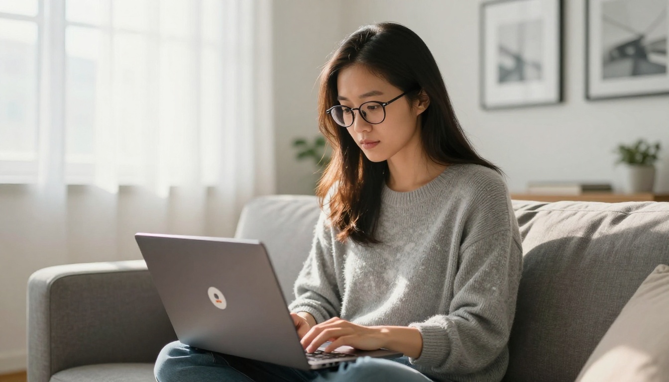 Consumer using AI chat interface on laptop while sitting on couch Consumer using AI chat interface on laptop while sitting on couch