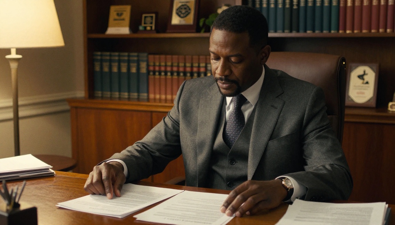 Enterprise executive in charcoal suit reviewing AI access documents Enterprise executive in charcoal suit reviewing AI access documents