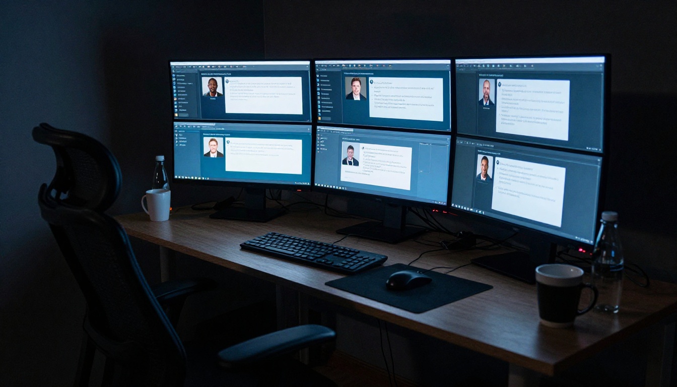 Multi-monitor setup showing six different LLM chatbot interfaces Multi-monitor setup showing six different LLM chatbot interfaces