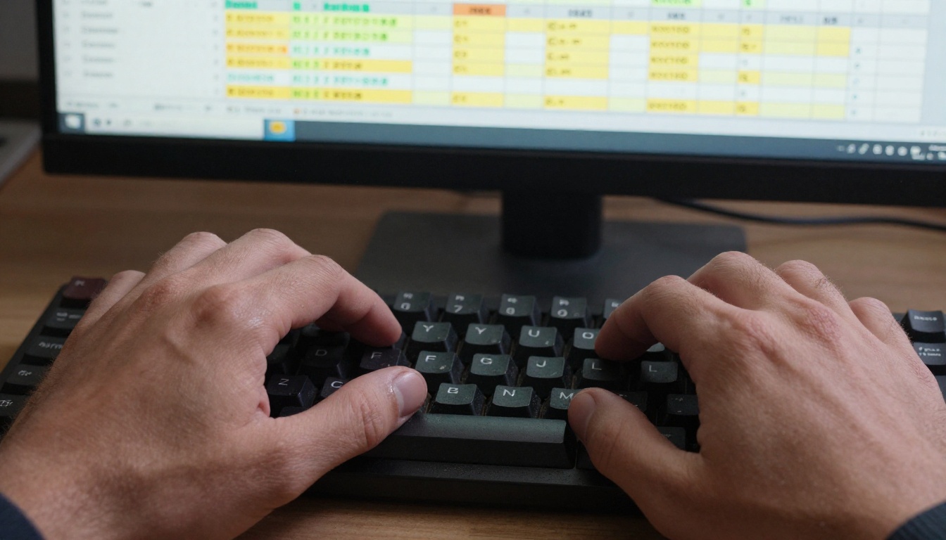 Hands mid-keystroke on a mechanical keyboard with a complex spreadsheet formula visible in the formula bar on the monitor