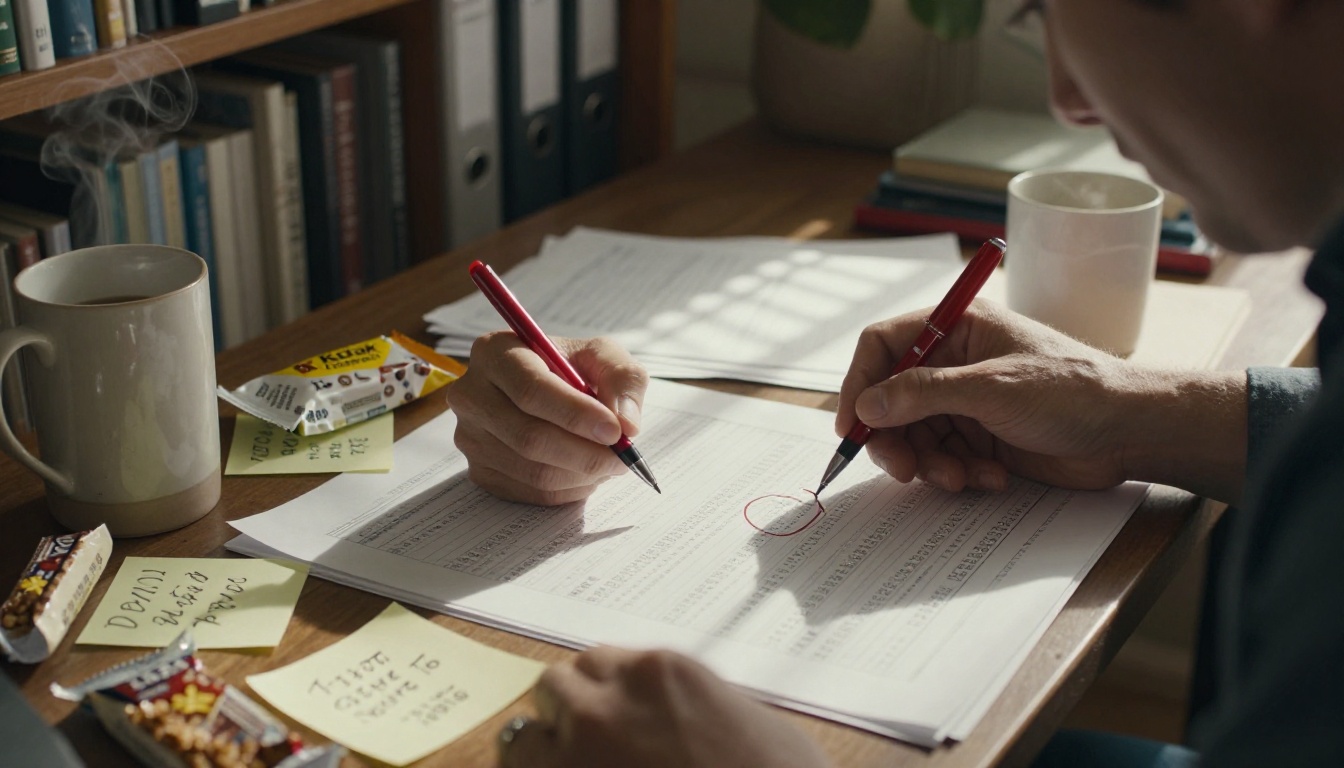 Man at standing desk reviewing printed spreadsheet reports, red pen in hand circling a cell value, warm afternoon light