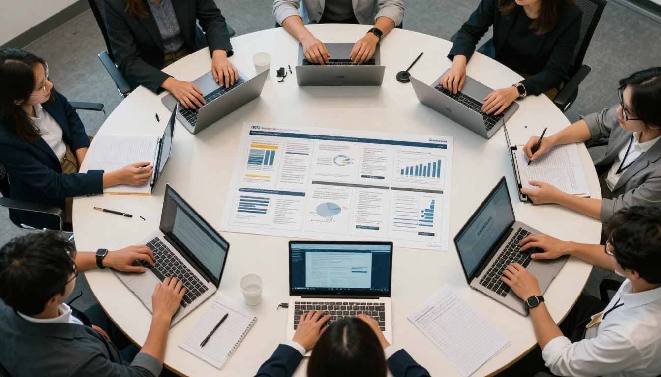 Aerial top-down view of a conference table with people, laptops open, a printed presentation deck spread across the center surface