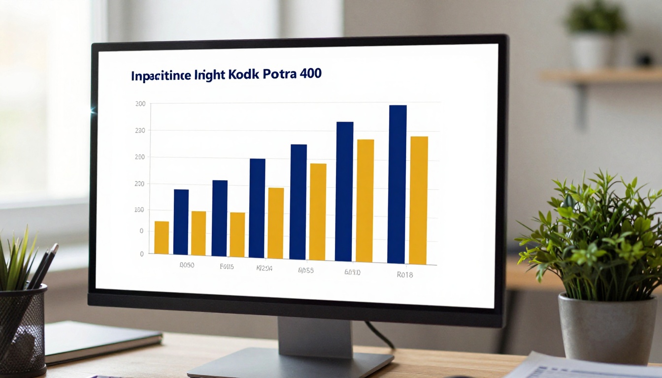 Close-up of a widescreen monitor displaying a clean presentation slide with cobalt blue and amber bar chart, potted plant in soft focus