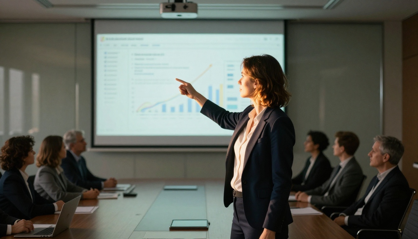 Professional woman at the front of a glass-walled boardroom pointing at a projection screen showing financial slides, colleagues in soft focus