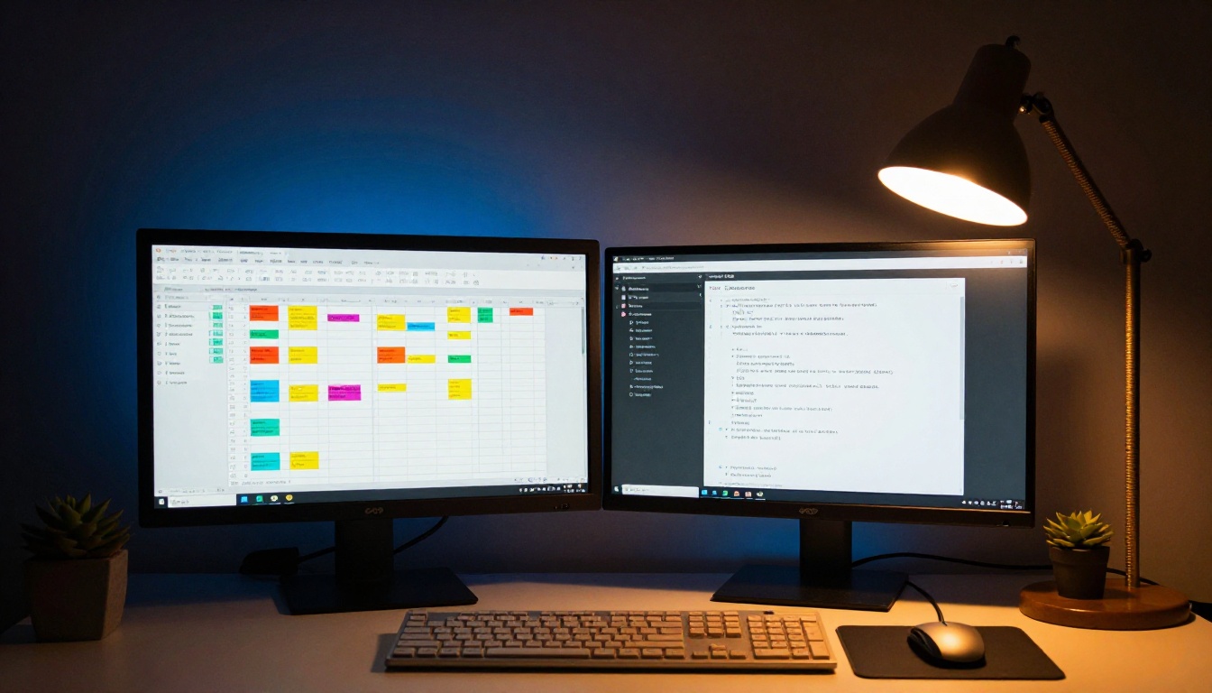 Low-angle view of a dual monitor setup showing Google Sheets on one screen and an AI chat interface on the other, warm desk lamp glow on keyboard