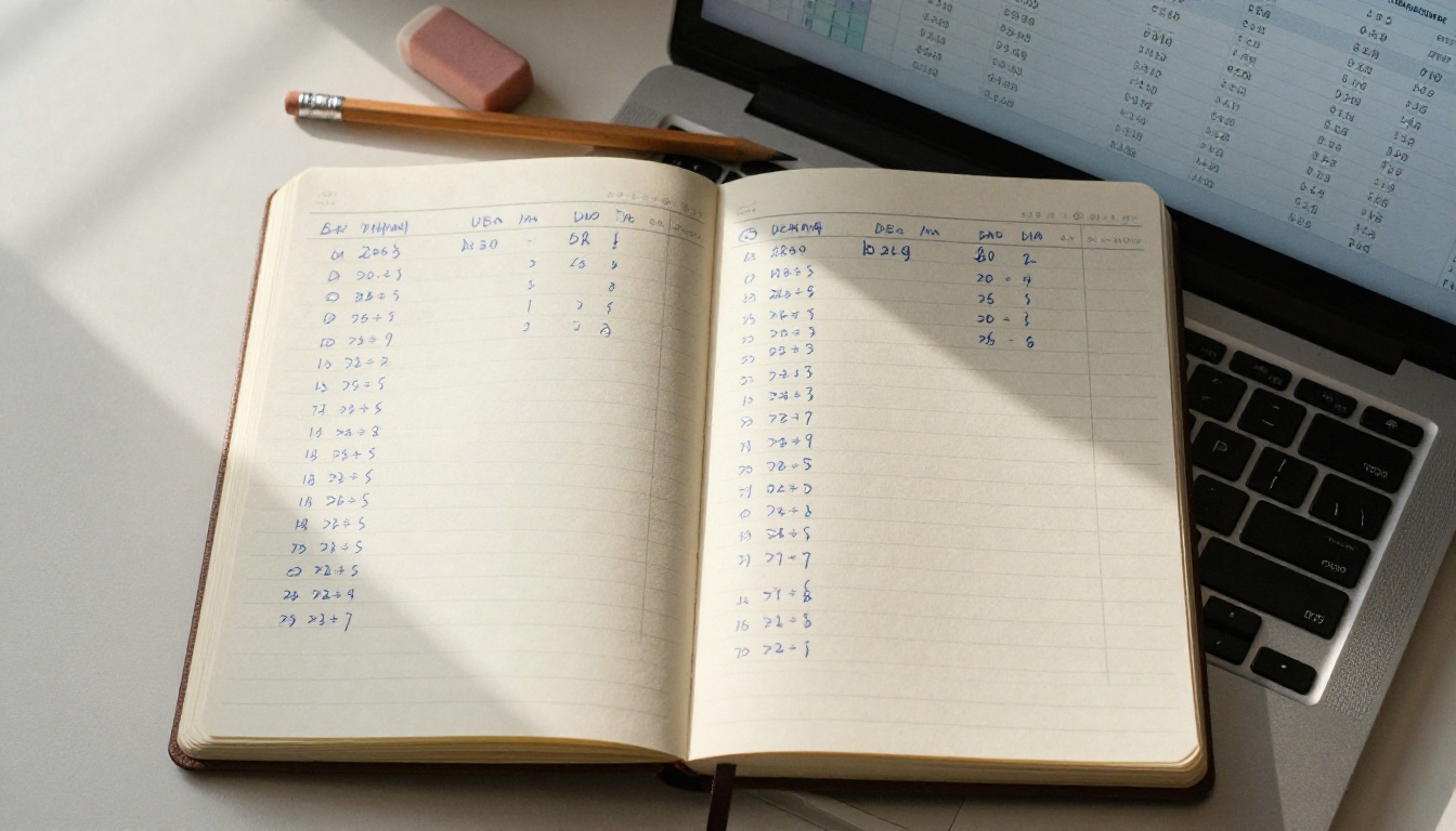 Top-down flat-lay of a spiral notebook with handwritten data tables next to a laptop screen showing the same data in a digital spreadsheet