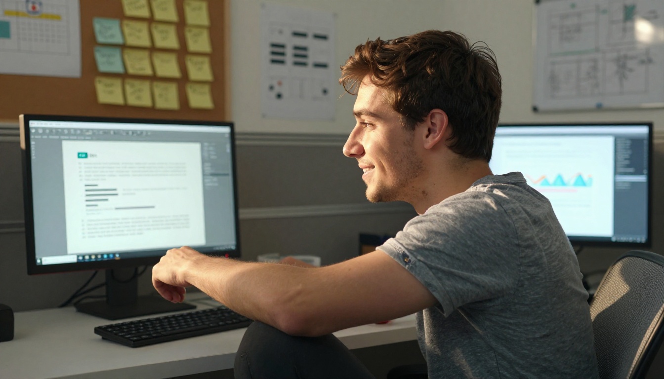 Young man leaning back in mesh office chair, arms loosely crossed, satisfied expression, monitor showing a completed presentation deck