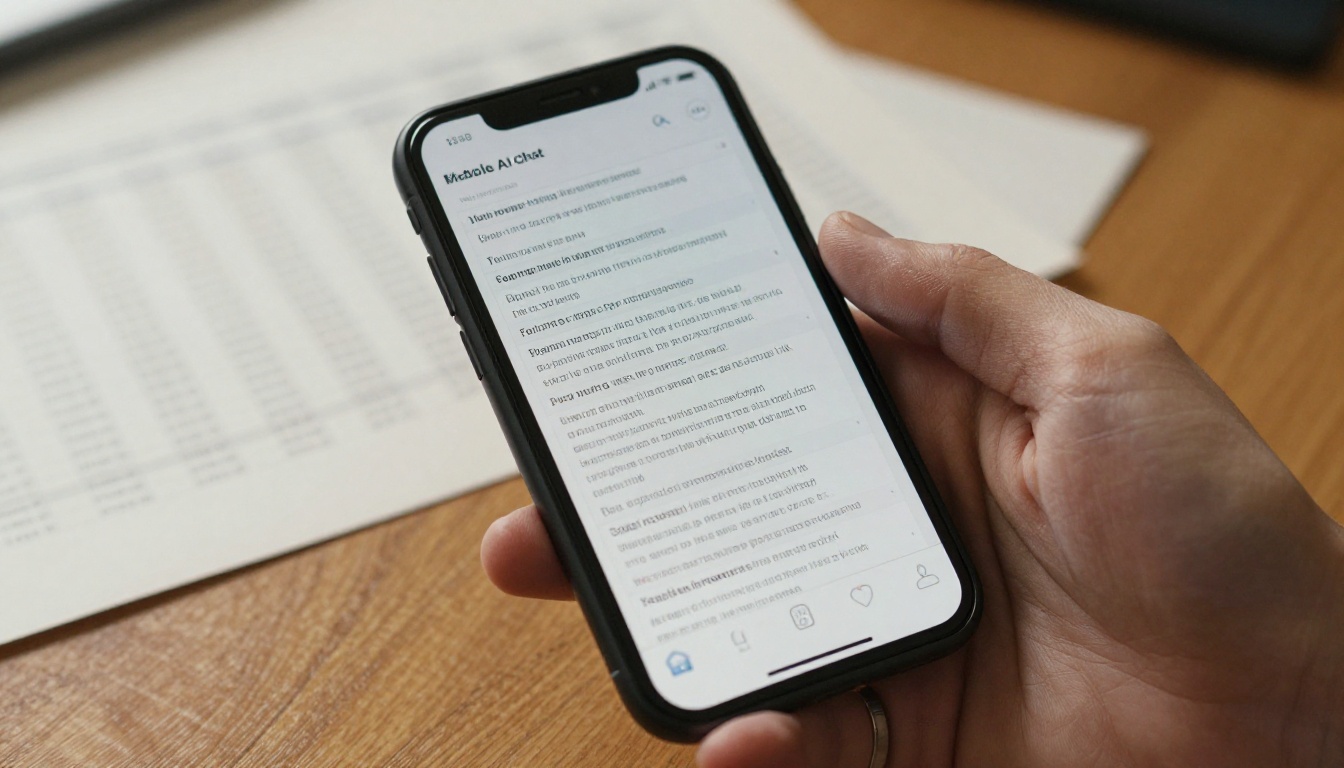 Close-up of a hand holding a smartphone showing a mobile AI chat interface discussing spreadsheet formulas, wooden table surface in soft focus