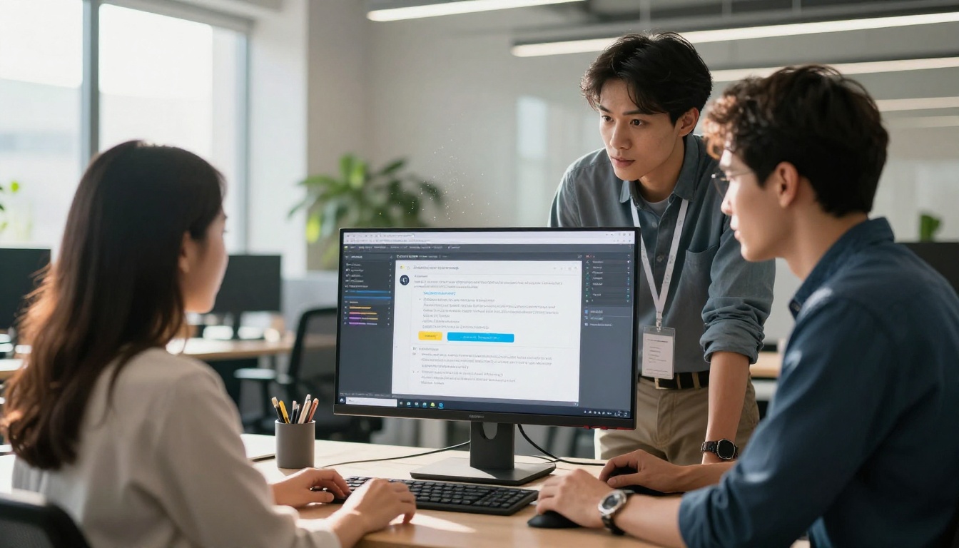Three software engineers gathered around a monitor in a bright open-plan office, reviewing AI output together in natural daylight
