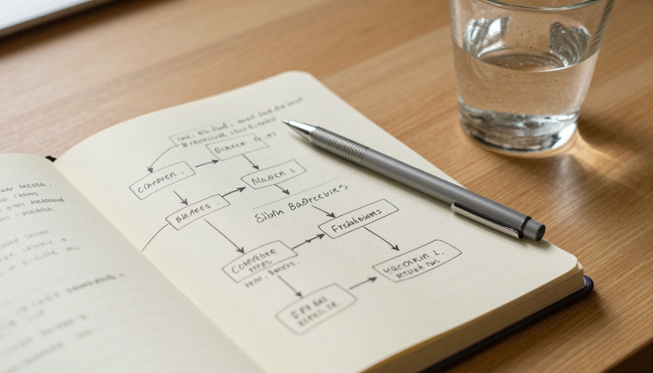 Notebook with hand-drawn flowchart diagrams showing branching reasoning paths and adaptive reasoning annotations