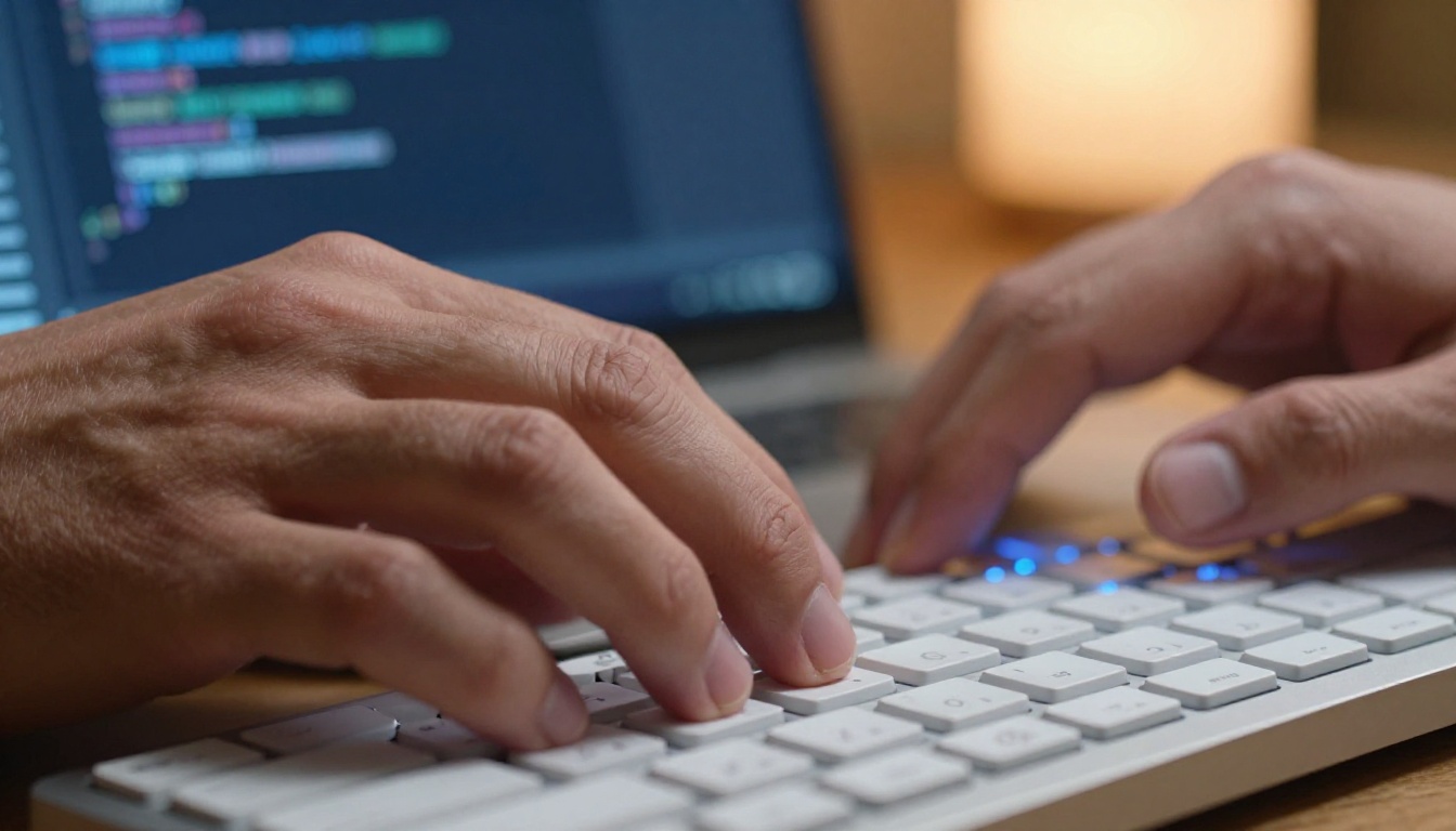 Extreme close-up of hands mid-keypress on a mechanical keyboard with blurred dark-mode IDE glowing softly behind
