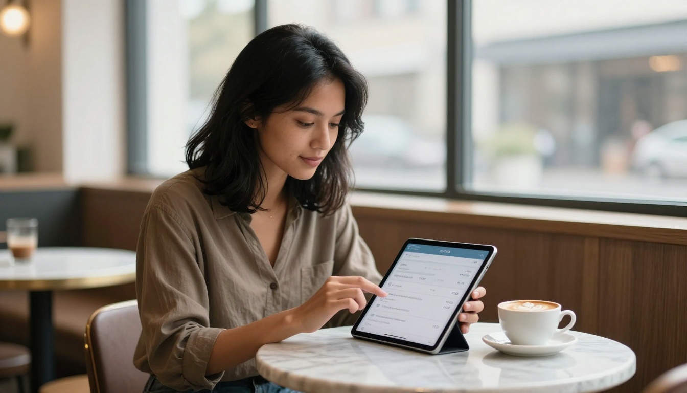 Young woman reviewing AI conversation settings on a tablet at a marble-top cafe table with natural window light behind her