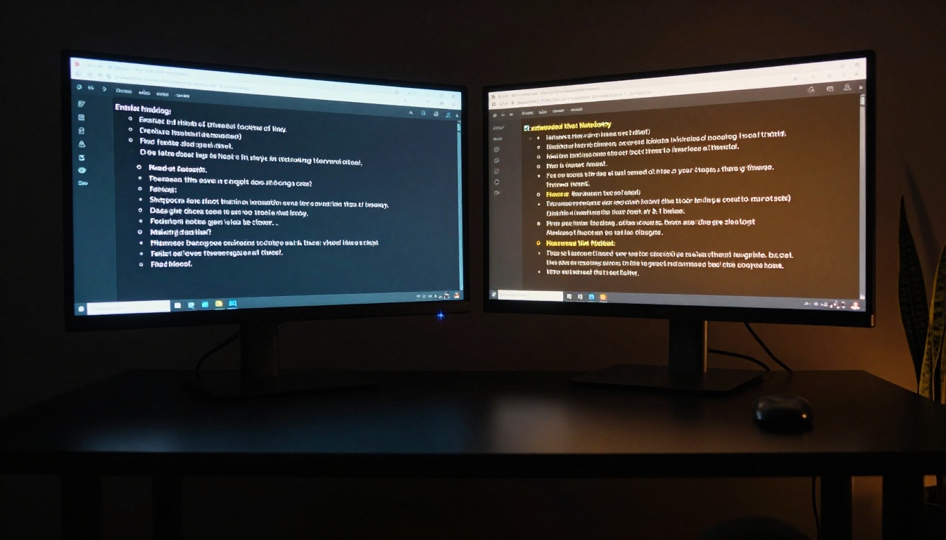 Two large curved monitors side by side in a darkened office at night showing minimal-effort and extended-thinking AI responses