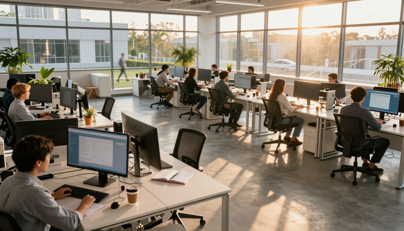 Wide golden-hour shot of an open-plan AI research workspace with engineers at dual-monitor workstations and warm sunlight crossing the floor