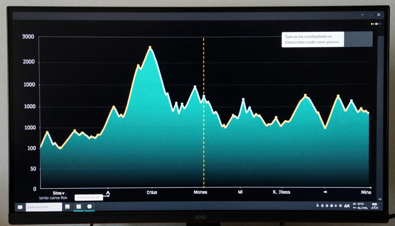 Macro close-up of a 4K monitor displaying a smooth line graph with teal and amber token consumption curves with a dashed adjustment point marked