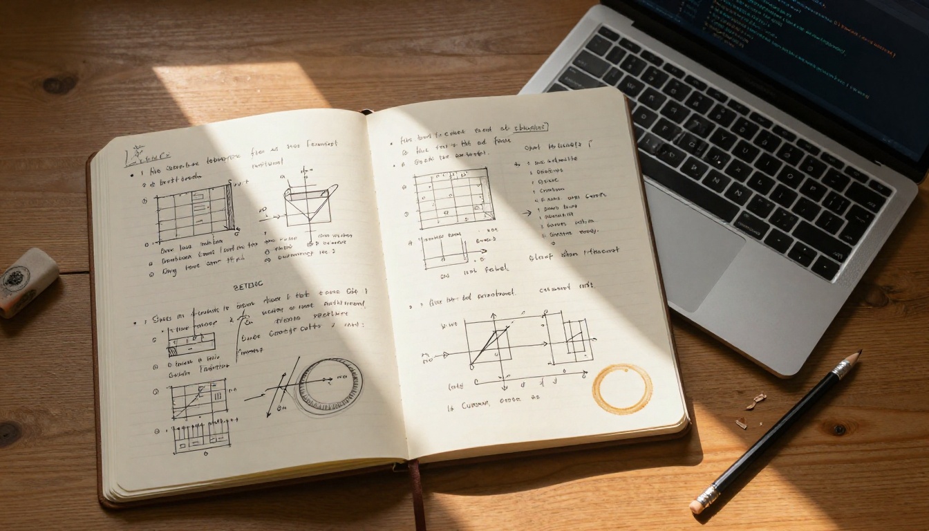 Aerial overhead view of an open notebook with handwritten technical diagrams alongside an open laptop displaying code