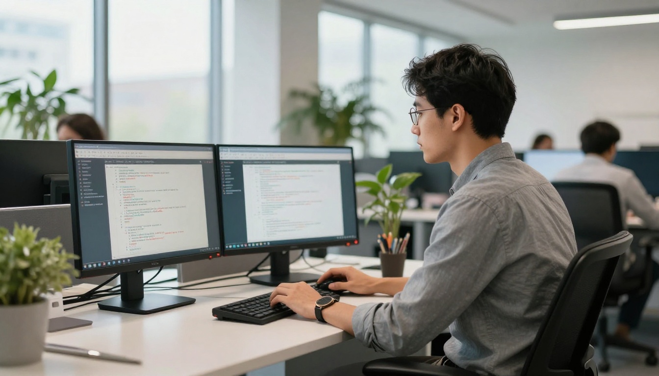 A developer focused on dual monitors showing API documentation in a bright modern open-plan office