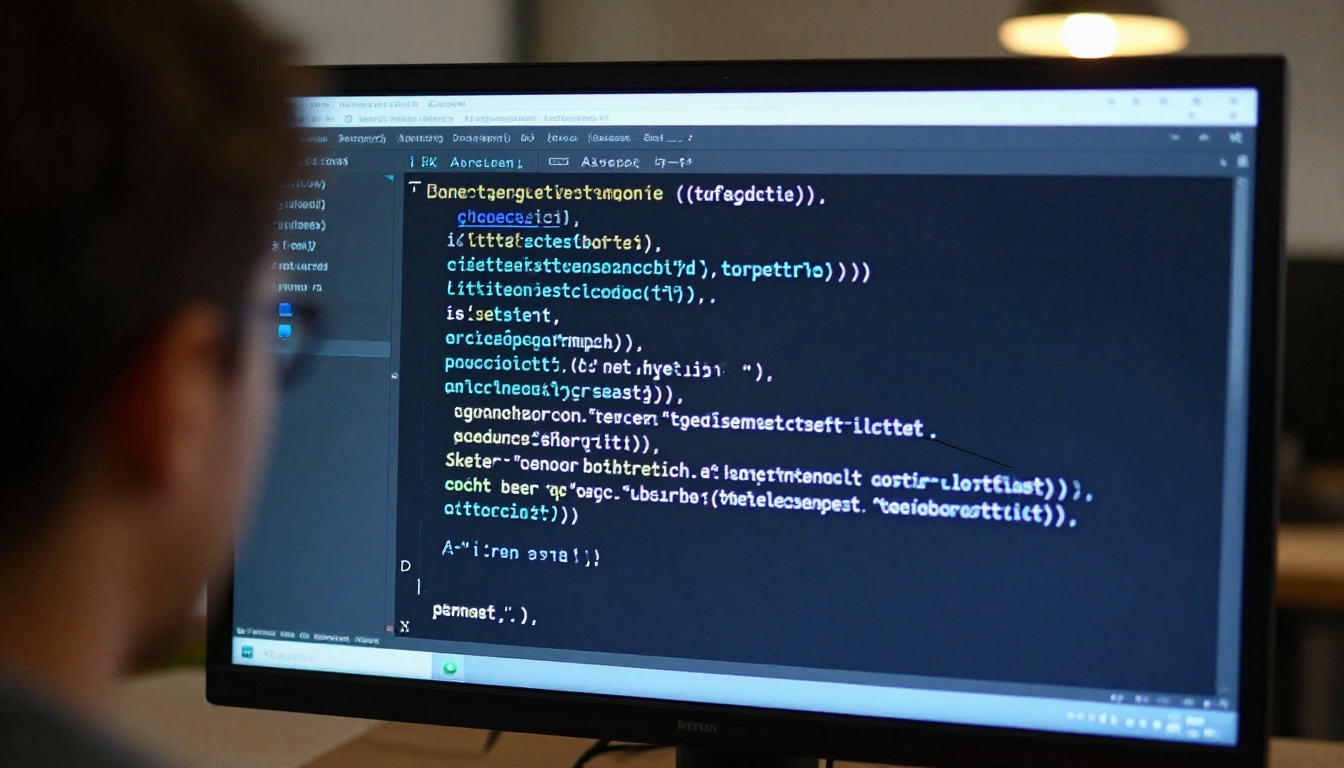 A high-resolution monitor showing structured markdown documentation, writer visible in foreground in soft blue screen glow