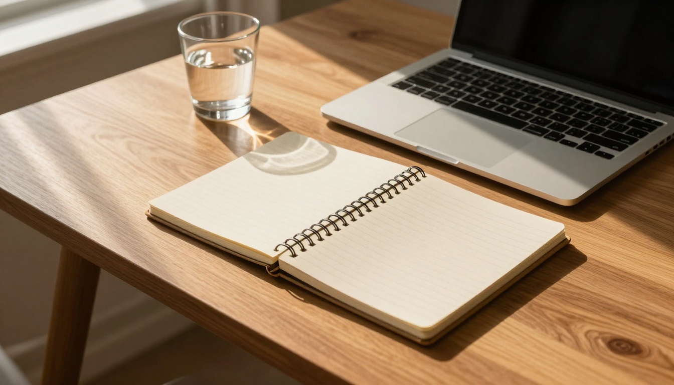 A minimalist walnut wooden desk with a laptop and notebook in golden morning light, low angle shot showing long shadows