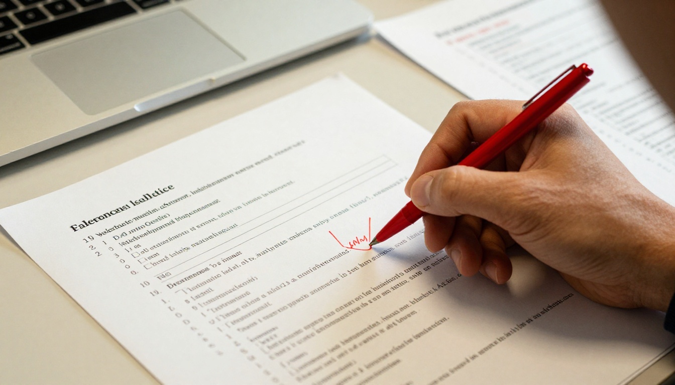 A technical writer reviewing printed documentation pages with a red pen at an office table