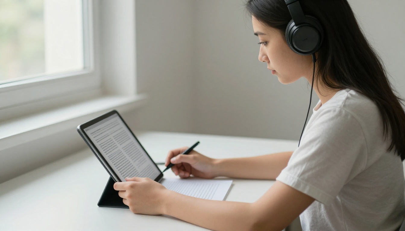 A focused young woman with headphones reading a long technical document on a tablet at a bright white minimalist desk