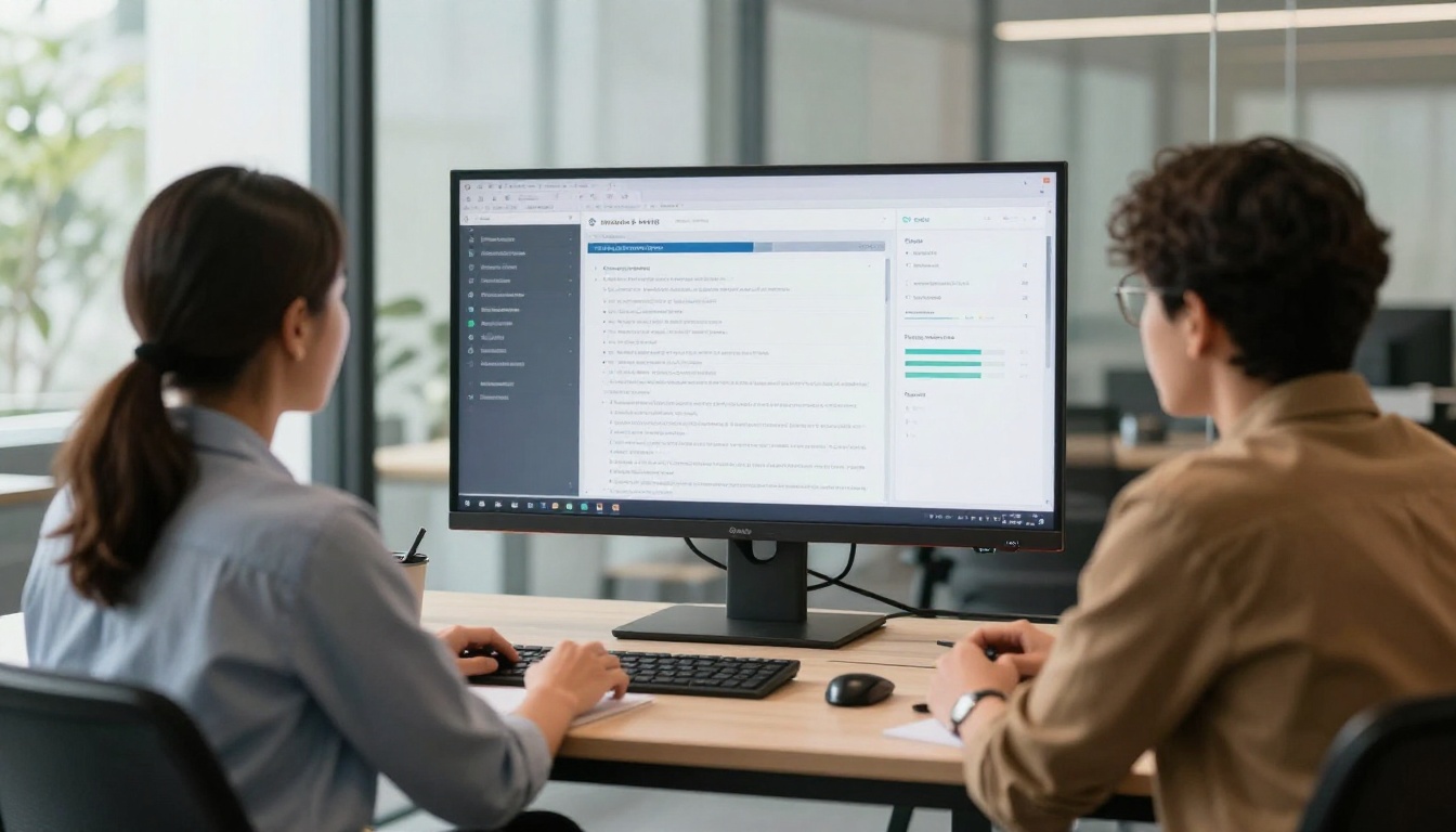 Three developers collaborating around a large wall-mounted monitor showing a documentation dashboard in a glass-walled conference room