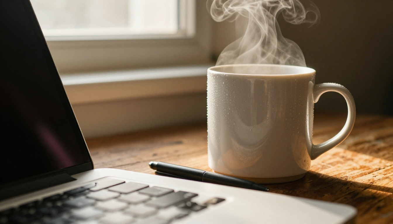 A white ceramic coffee mug next to an open laptop on a wooden desk, warm morning light streaming across in volumetric rays