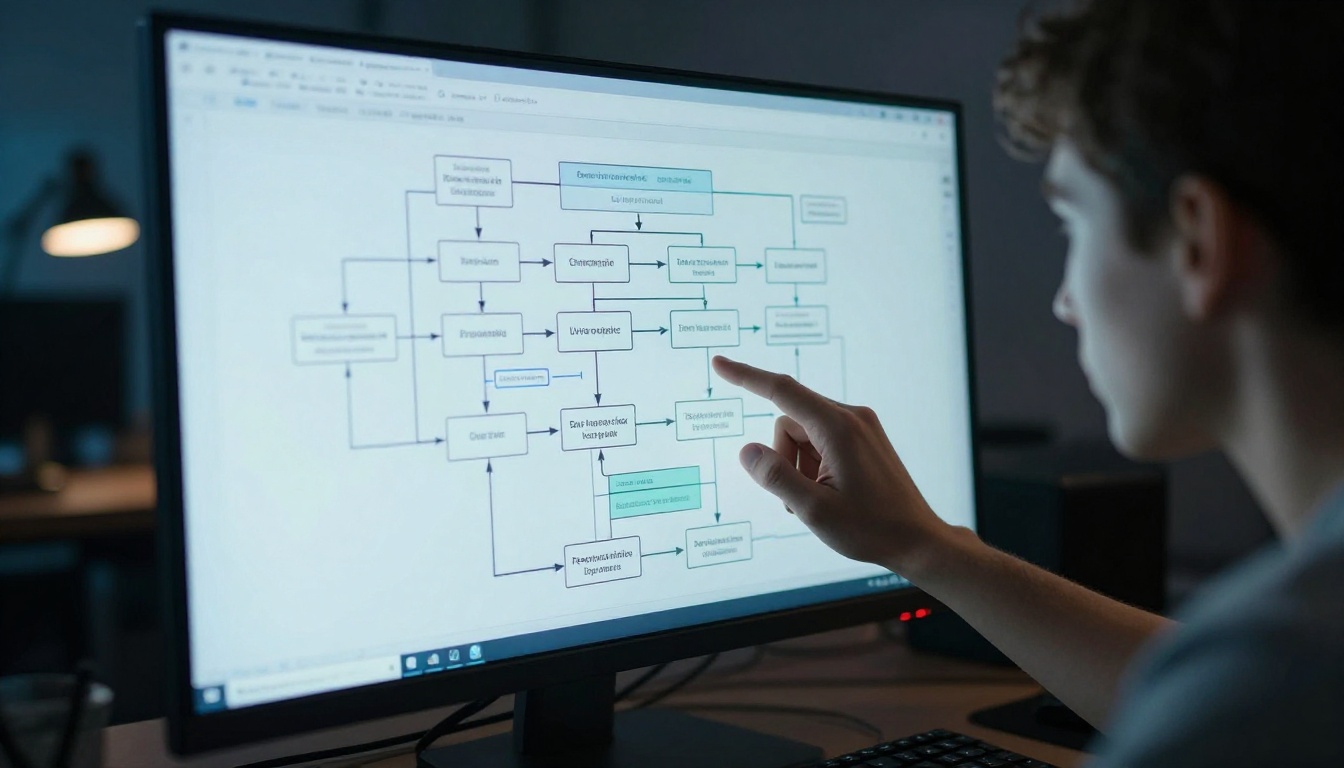 Monitor displaying a research pipeline flowchart with connected boxes and arrows Monitor displaying a research pipeline flowchart with connected boxes and arrows