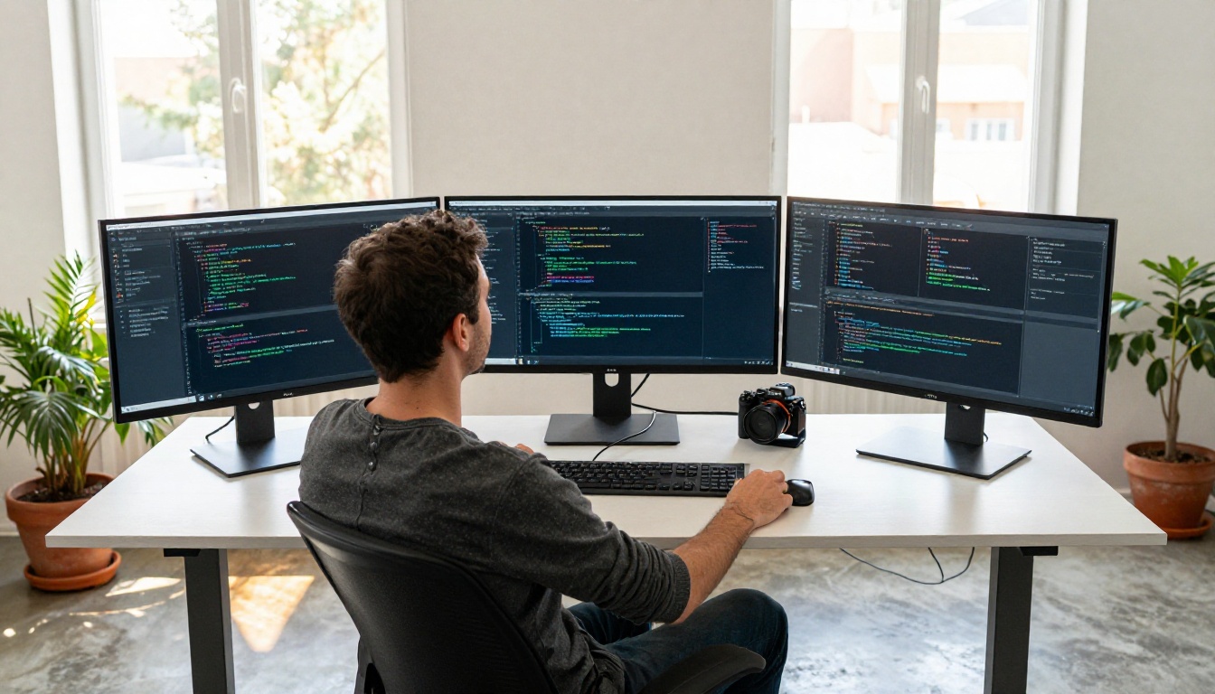 Developer at a three-monitor workstation with code editors in a bright modern office