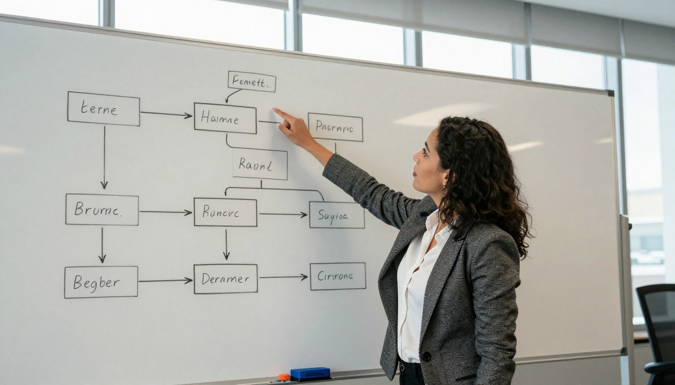 Woman in business attire pointing at a research workflow on a whiteboard Woman in business attire pointing at a research workflow on a whiteboard