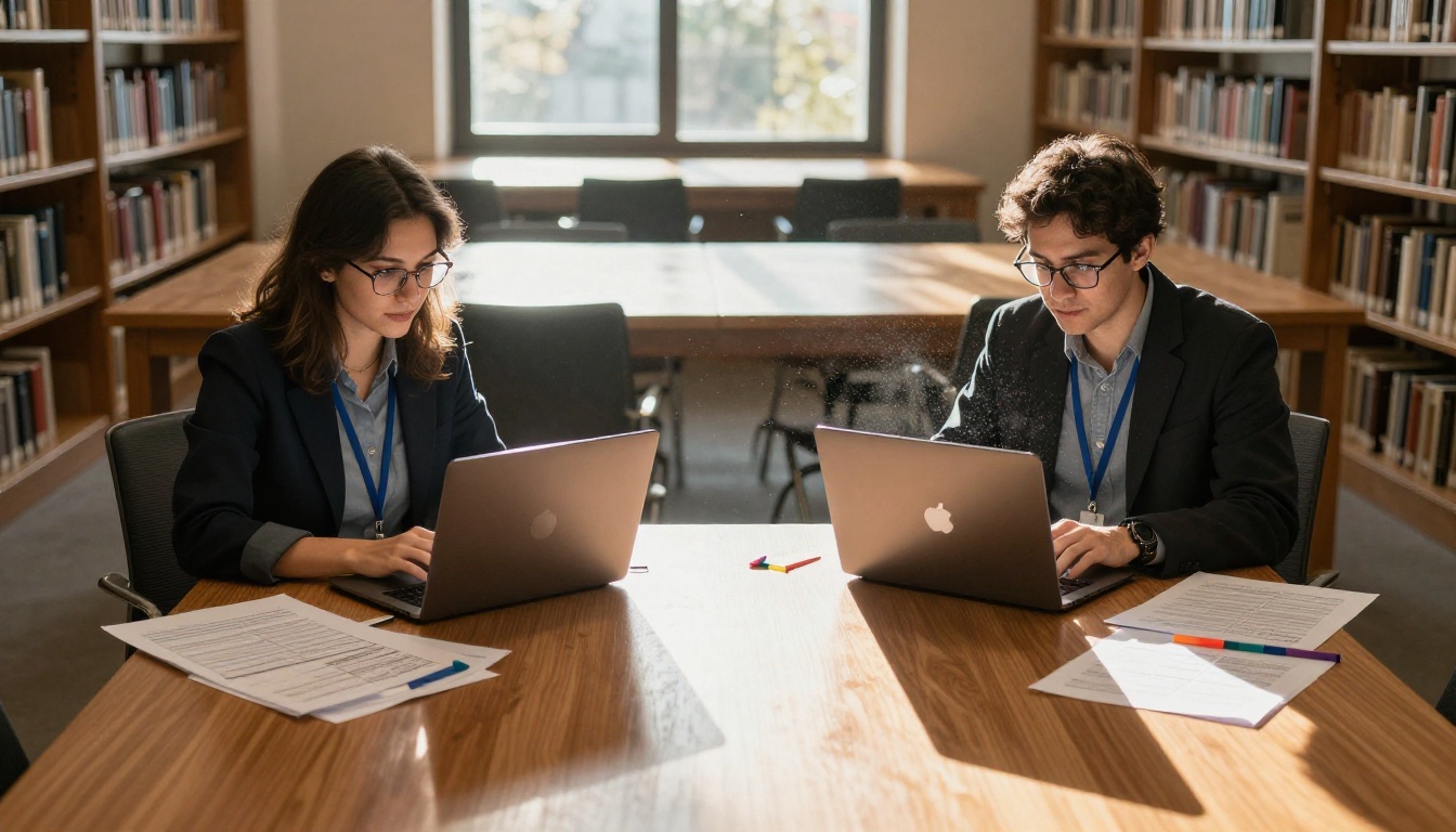 Two researchers reviewing comparison tables on laptops in a sunlit library Two researchers reviewing comparison tables on laptops in a sunlit library